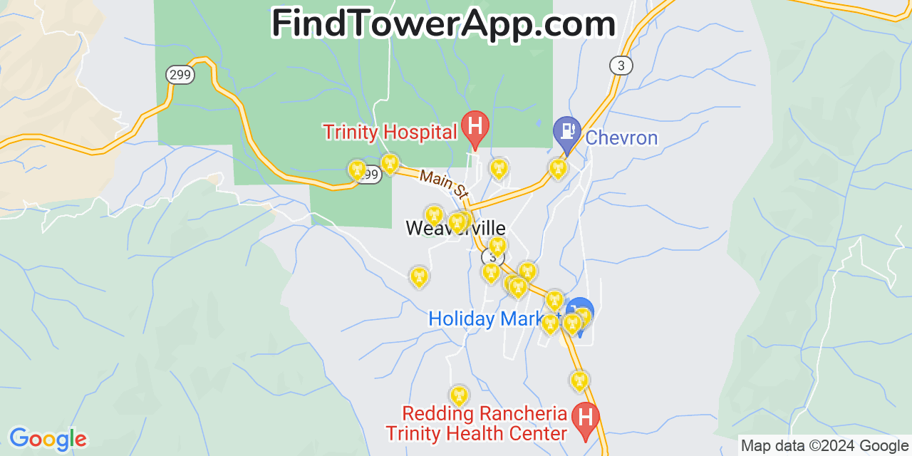 AT&T 4G/5G cell tower coverage map Weaverville, California