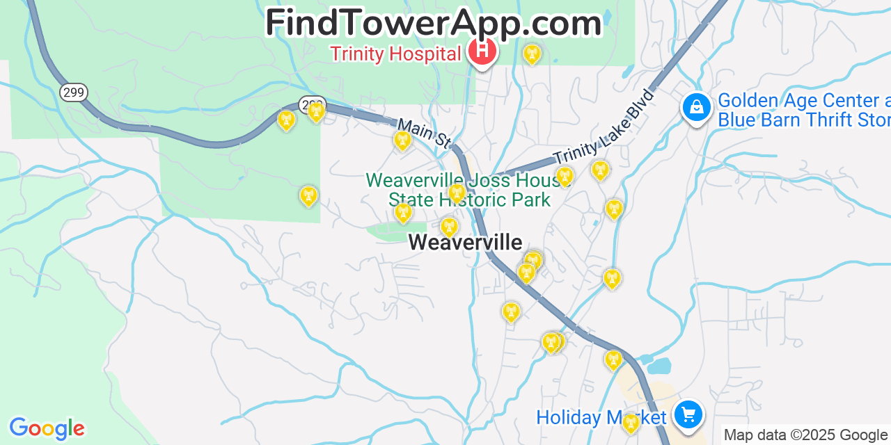 Map showing the 20 primary cell tower locations detected in Weaverville, California from AT&T, Verizon, and T-Mobile networks