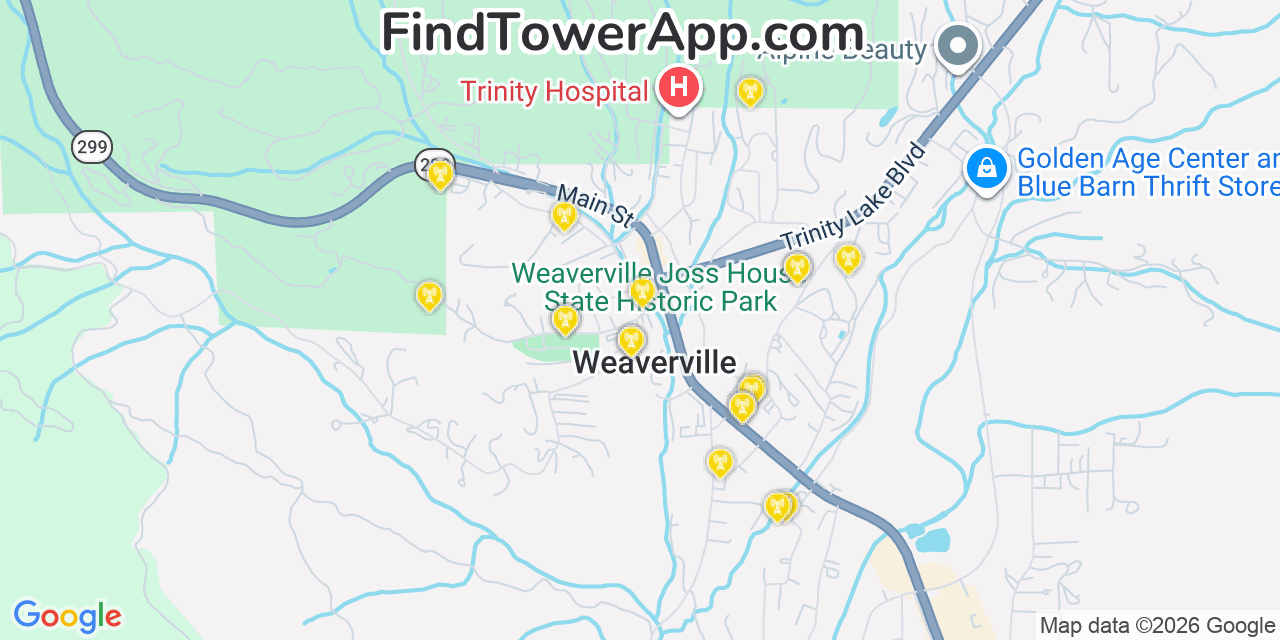 Map showing the 20 primary cell tower locations detected in Weaverville, California from AT&T, Verizon, and T-Mobile networks