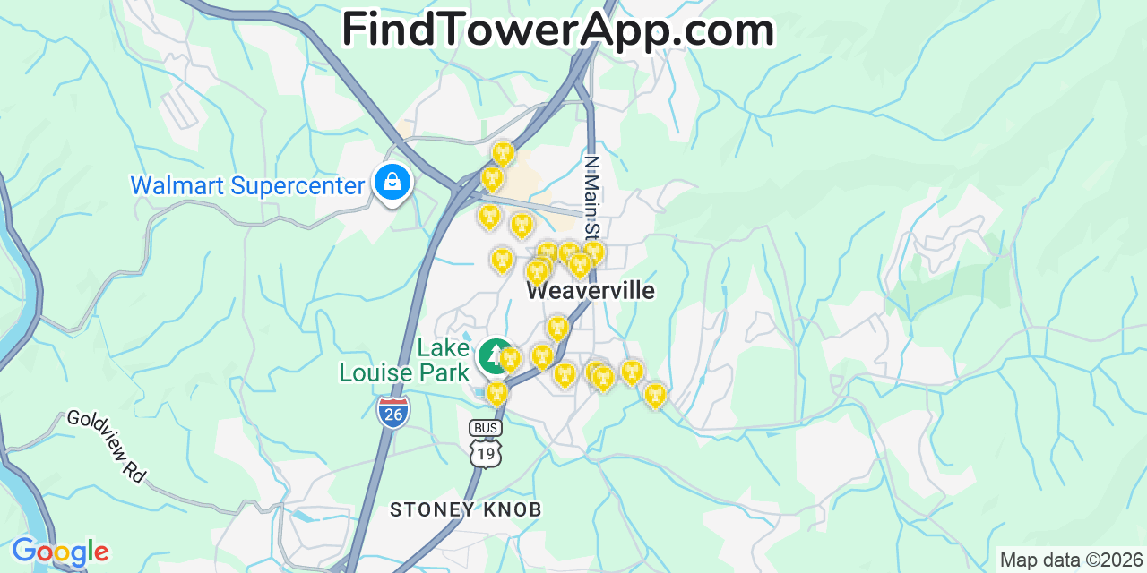 Map showing the 20 primary cell tower locations detected in Weaverville, North Carolina from AT&T, Verizon, and T-Mobile networks