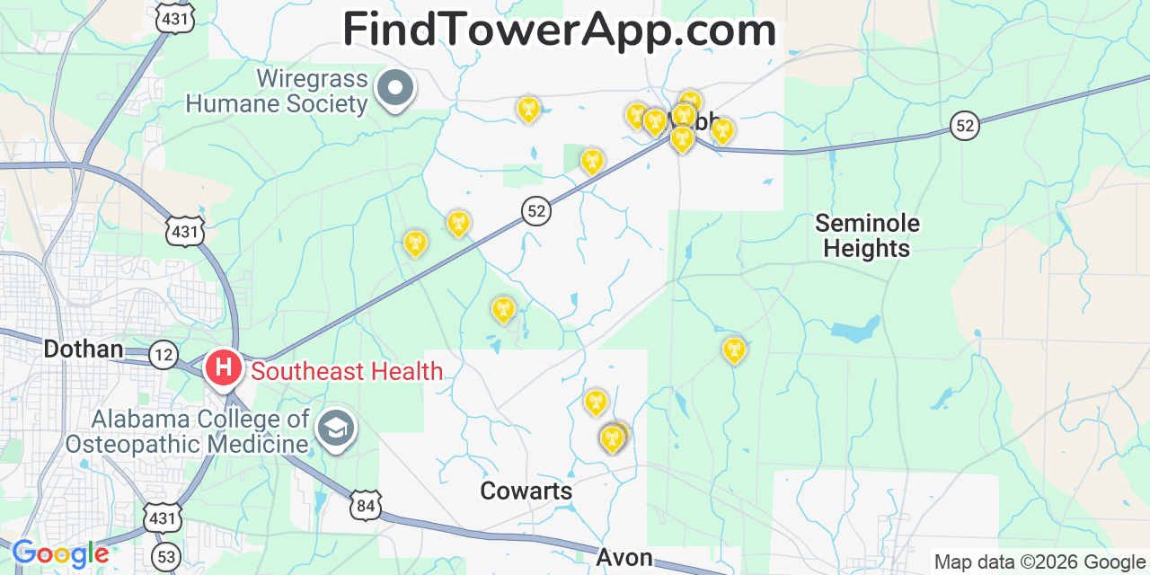 Map showing the 20 primary cell tower locations detected in Webb, Alabama from AT&T, Verizon, and T-Mobile networks