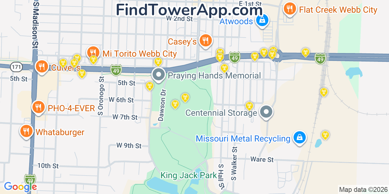 Map showing the 20 primary cell tower locations detected in Webb City, Missouri from AT&T, Verizon, and T-Mobile networks
