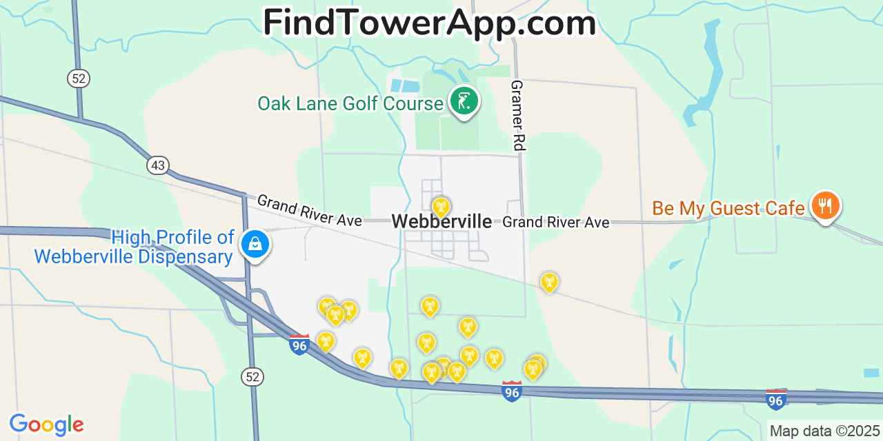 Map showing the 20 primary cell tower locations detected in Webberville, Michigan from AT&T, Verizon, and T-Mobile networks