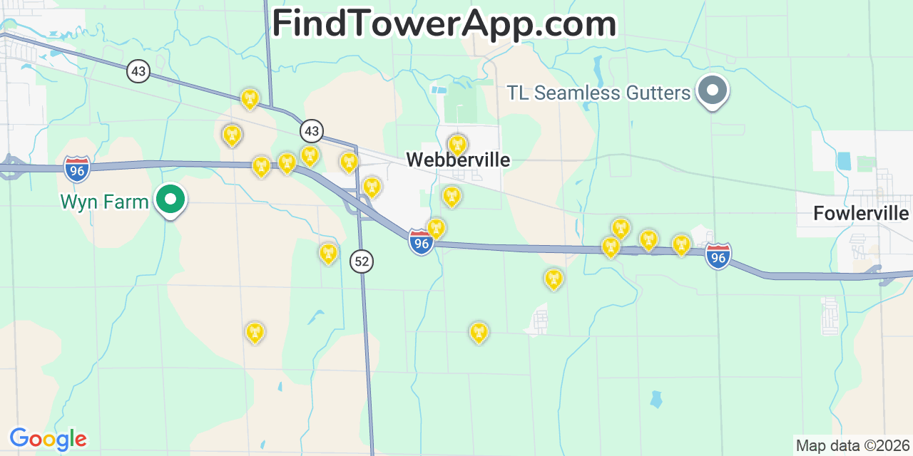 Map showing the 20 primary cell tower locations detected in Webberville, Michigan from AT&T, Verizon, and T-Mobile networks