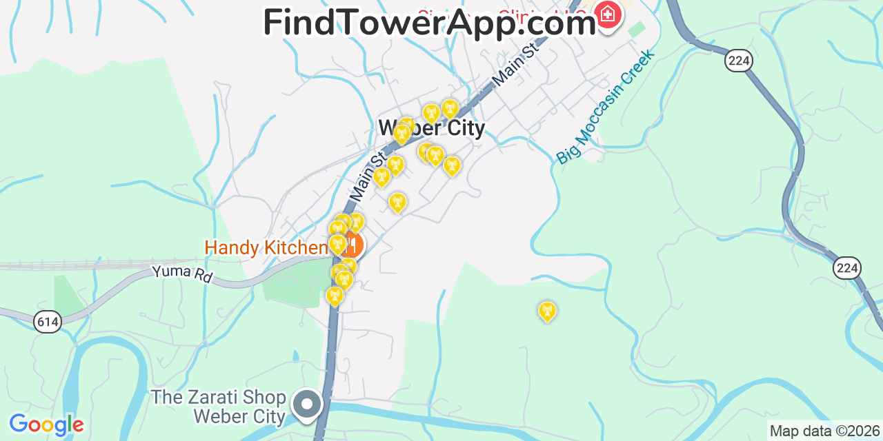 Map showing the 20 primary cell tower locations detected in Weber City, Virginia from AT&T, Verizon, and T-Mobile networks