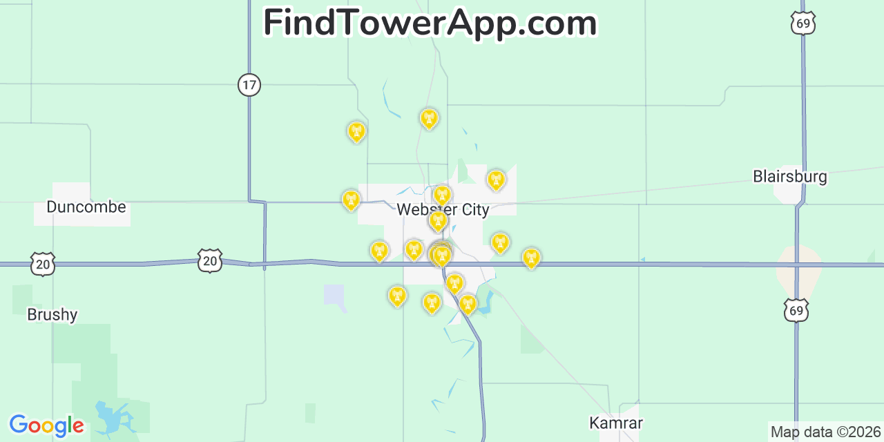 Map showing the 20 primary cell tower locations detected in Webster City, Iowa from AT&T, Verizon, and T-Mobile networks