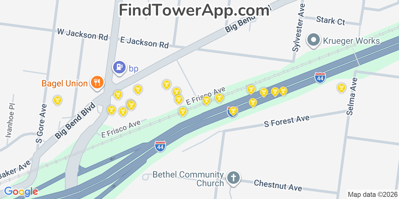 Map showing the 20 primary cell tower locations detected in Webster Groves, Missouri from AT&T, Verizon, and T-Mobile networks