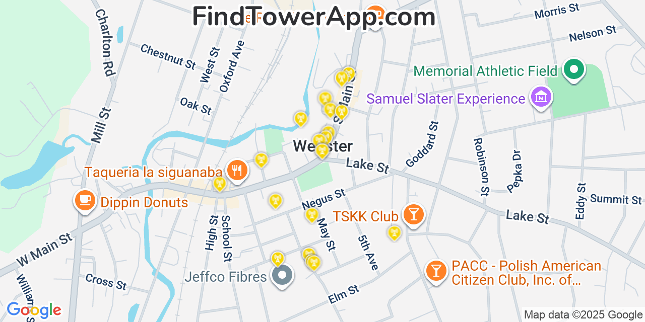 Map showing the 20 primary cell tower locations detected in Webster, Massachusetts from AT&T, Verizon, and T-Mobile networks