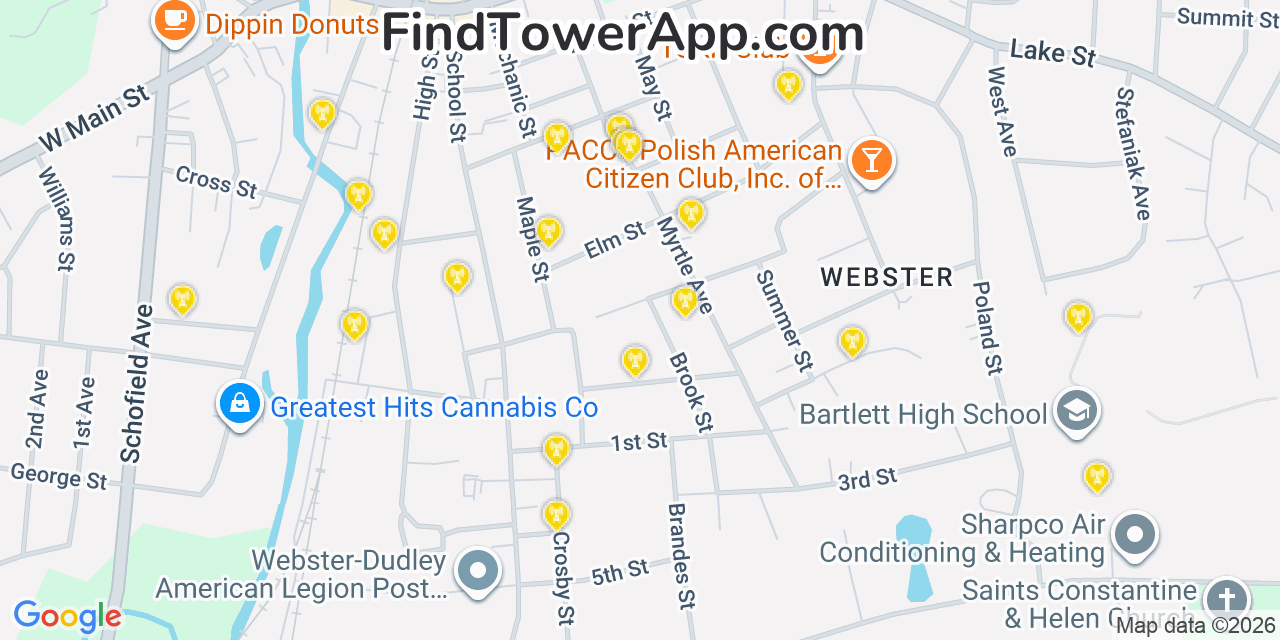 Map showing the 20 primary cell tower locations detected in Webster, Massachusetts from AT&T, Verizon, and T-Mobile networks