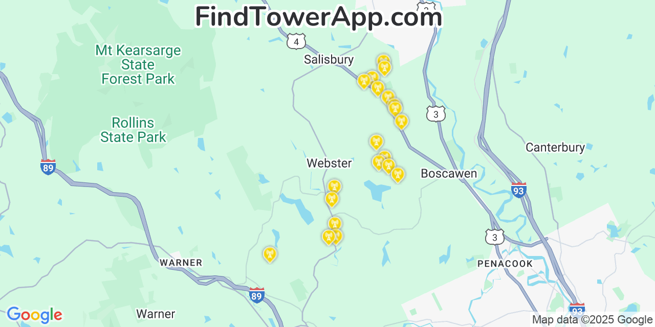 Map showing the 20 primary cell tower locations detected in Webster, New Hampshire from AT&T, Verizon, and T-Mobile networks