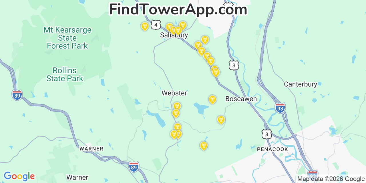 Map showing the 20 primary cell tower locations detected in Webster, New Hampshire from AT&T, Verizon, and T-Mobile networks