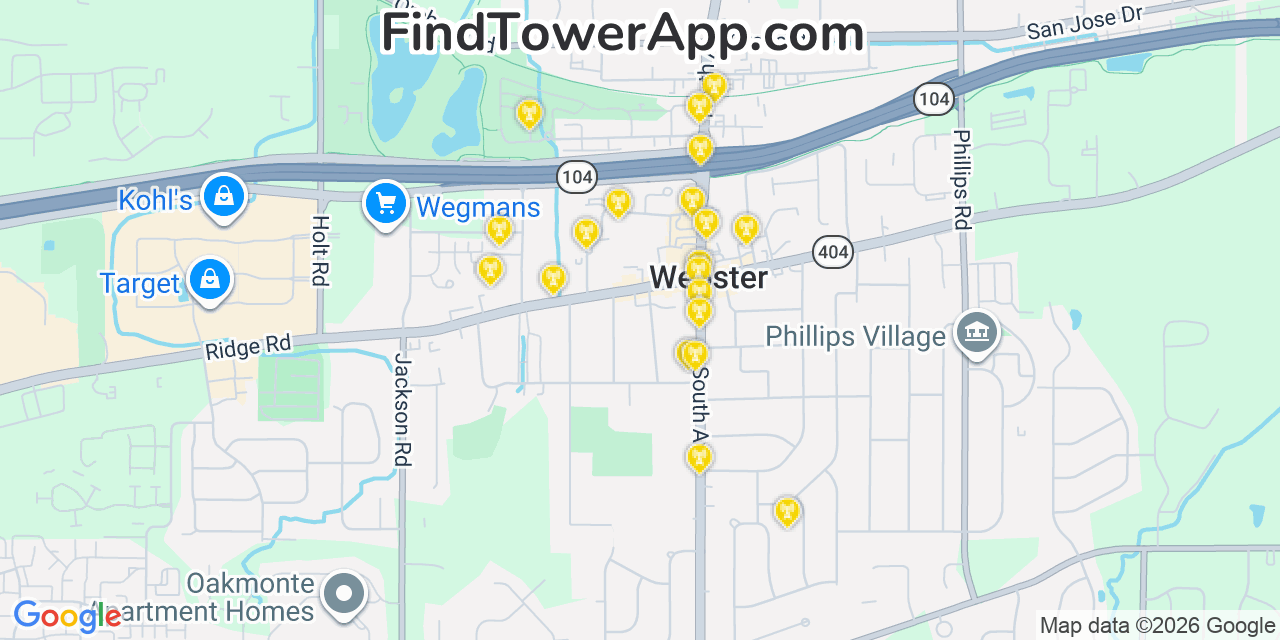 Map showing the 20 primary cell tower locations detected in Webster, New York from AT&T, Verizon, and T-Mobile networks