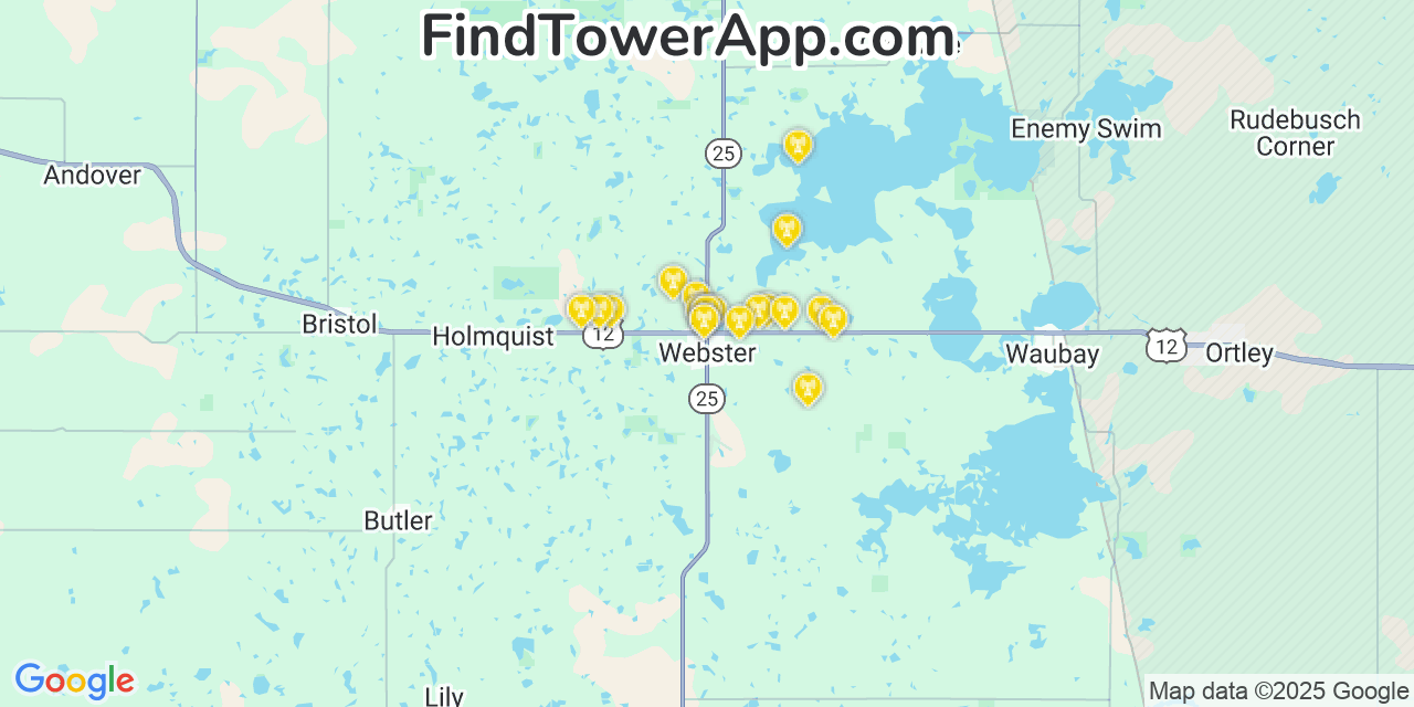 Map showing the 20 primary cell tower locations detected in Webster, South Dakota from AT&T, Verizon, and T-Mobile networks
