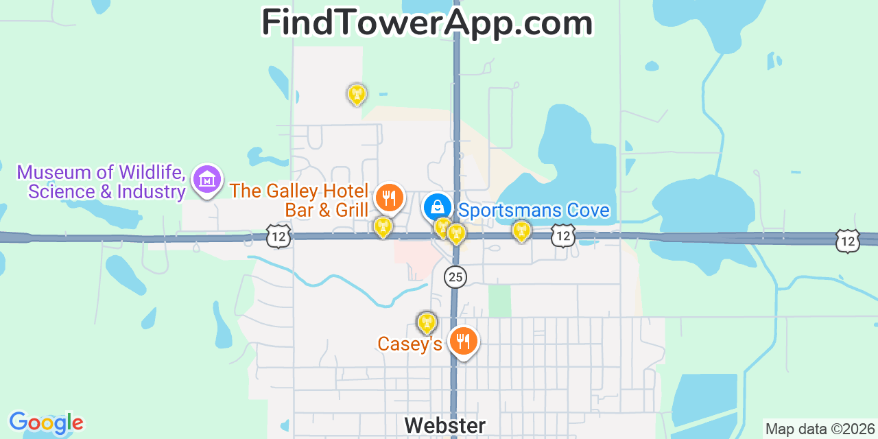 Map showing the 20 primary cell tower locations detected in Webster, South Dakota from AT&T, Verizon, and T-Mobile networks