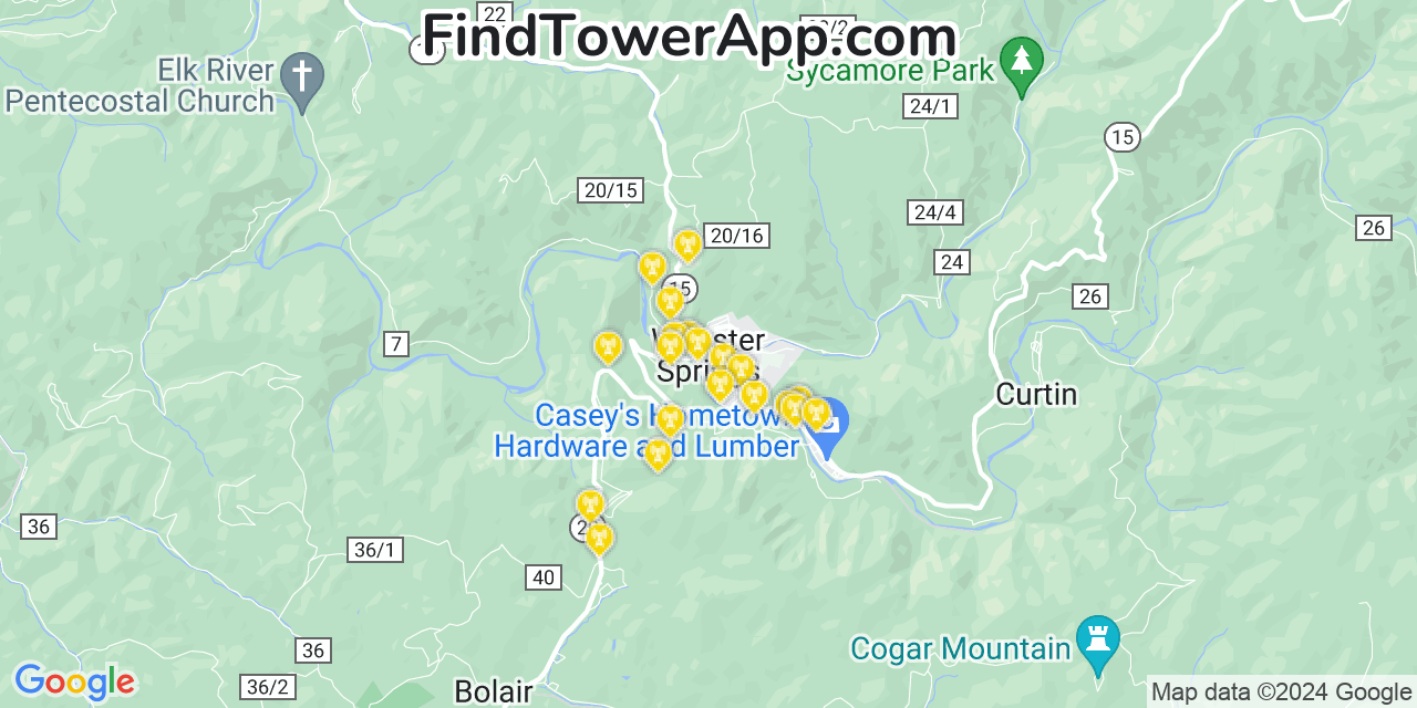 AT&T 4G/5G cell tower coverage map Webster Springs, West Virginia