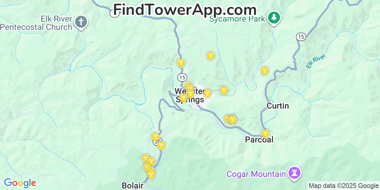 Map showing the 20 primary cell tower locations detected in Webster Springs, West Virginia from AT&T, Verizon, and T-Mobile networks