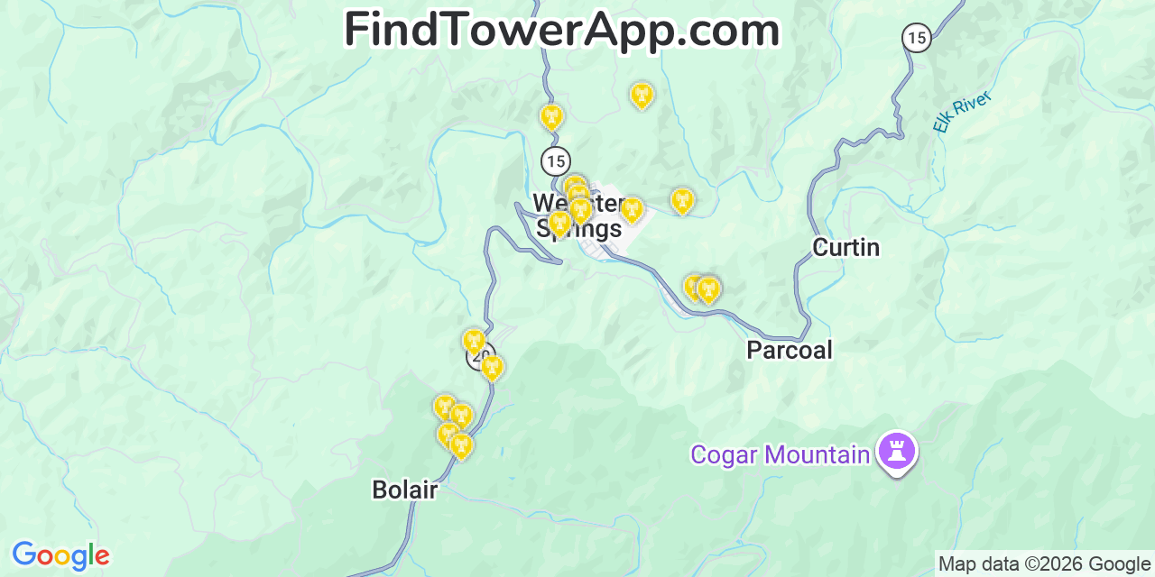Map showing the 20 primary cell tower locations detected in Webster Springs, West Virginia from AT&T, Verizon, and T-Mobile networks