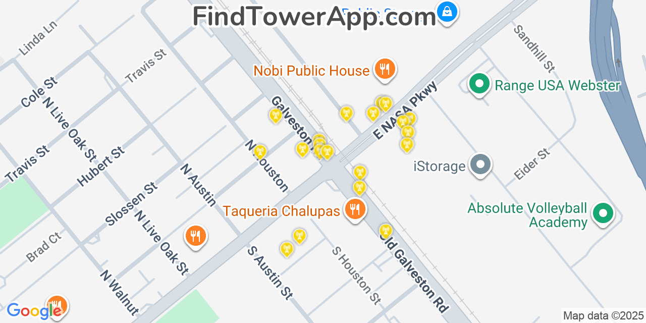 Map showing the 20 primary cell tower locations detected in Webster, Texas from AT&T, Verizon, and T-Mobile networks