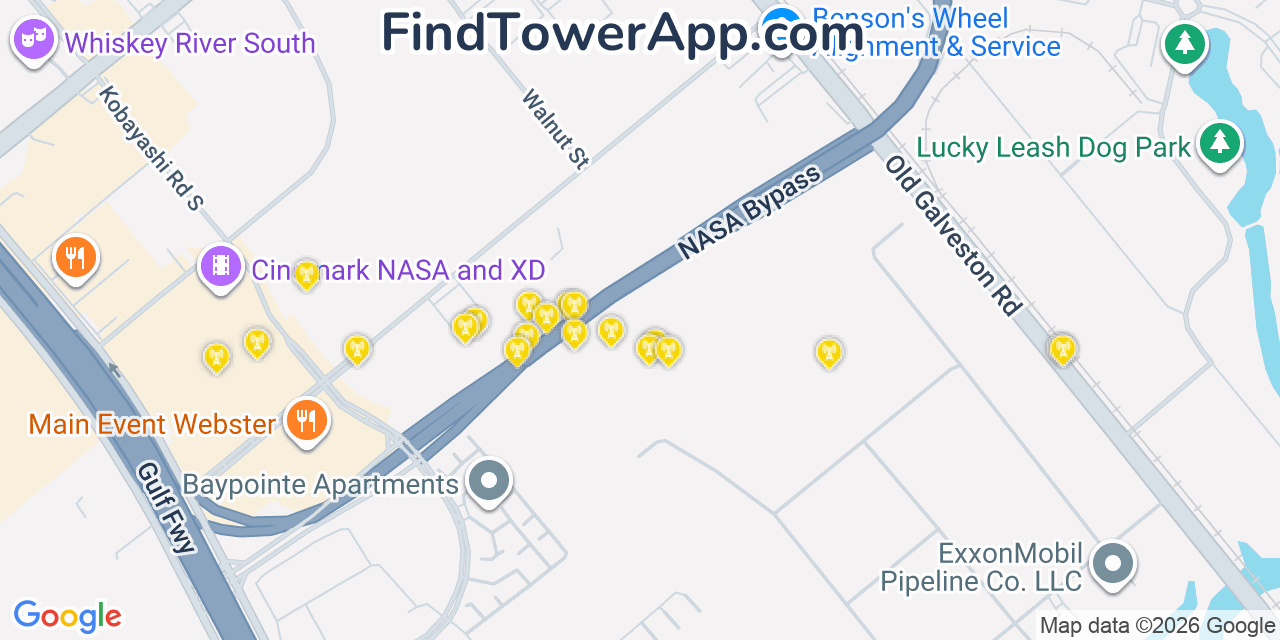 Map showing the 20 primary cell tower locations detected in Webster, Texas from AT&T, Verizon, and T-Mobile networks