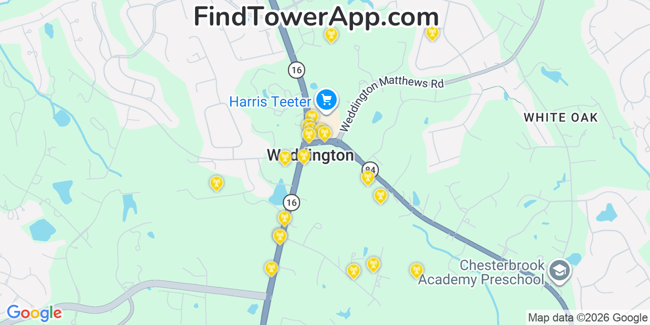 Map showing the 20 primary cell tower locations detected in Weddington, North Carolina from AT&T, Verizon, and T-Mobile networks