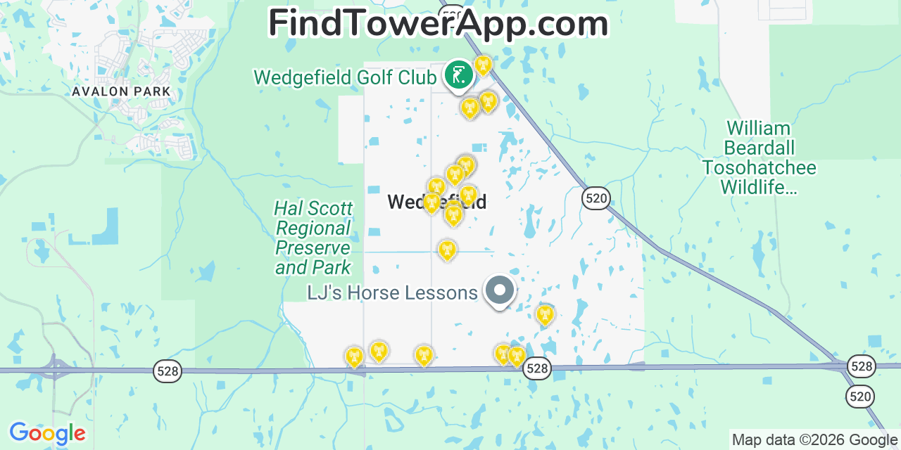 Map showing the 20 primary cell tower locations detected in Wedgefield, Florida from AT&T, Verizon, and T-Mobile networks