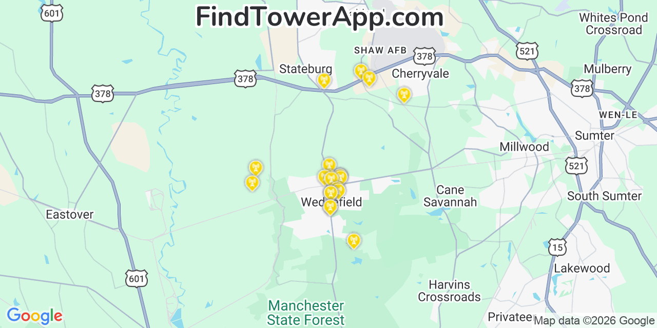 Map showing the 20 primary cell tower locations detected in Wedgefield, South Carolina from AT&T, Verizon, and T-Mobile networks