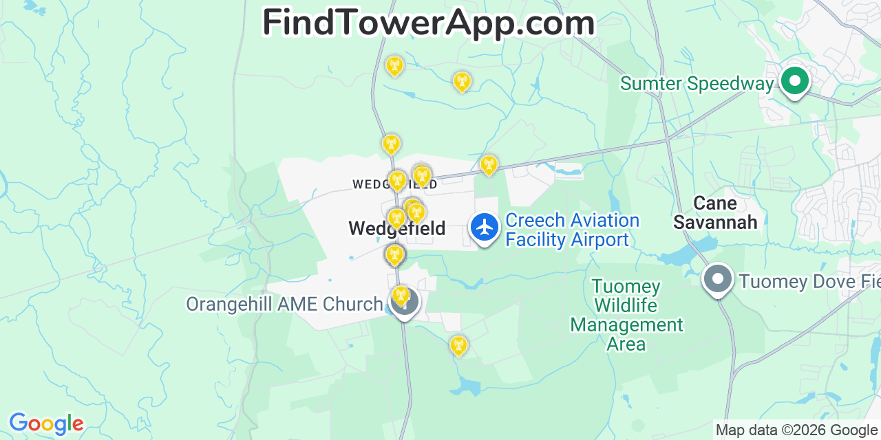 Map showing the 20 primary cell tower locations detected in Wedgewood, South Carolina from AT&T, Verizon, and T-Mobile networks