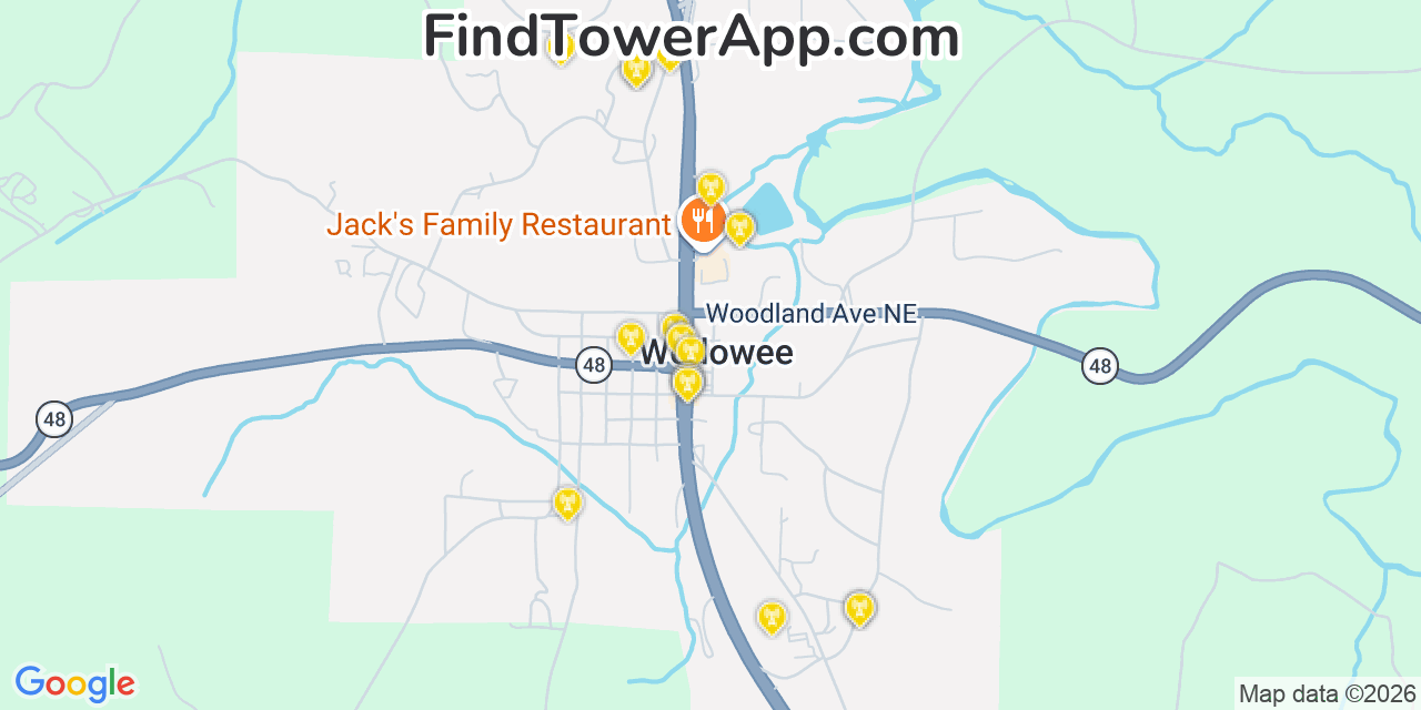 Map showing the 20 primary cell tower locations detected in Wedowee, Alabama from AT&T, Verizon, and T-Mobile networks