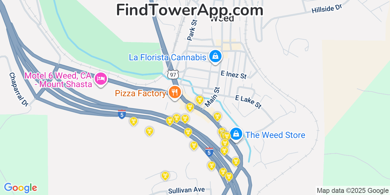 Map showing the 20 primary cell tower locations detected in Weed, California from AT&T, Verizon, and T-Mobile networks