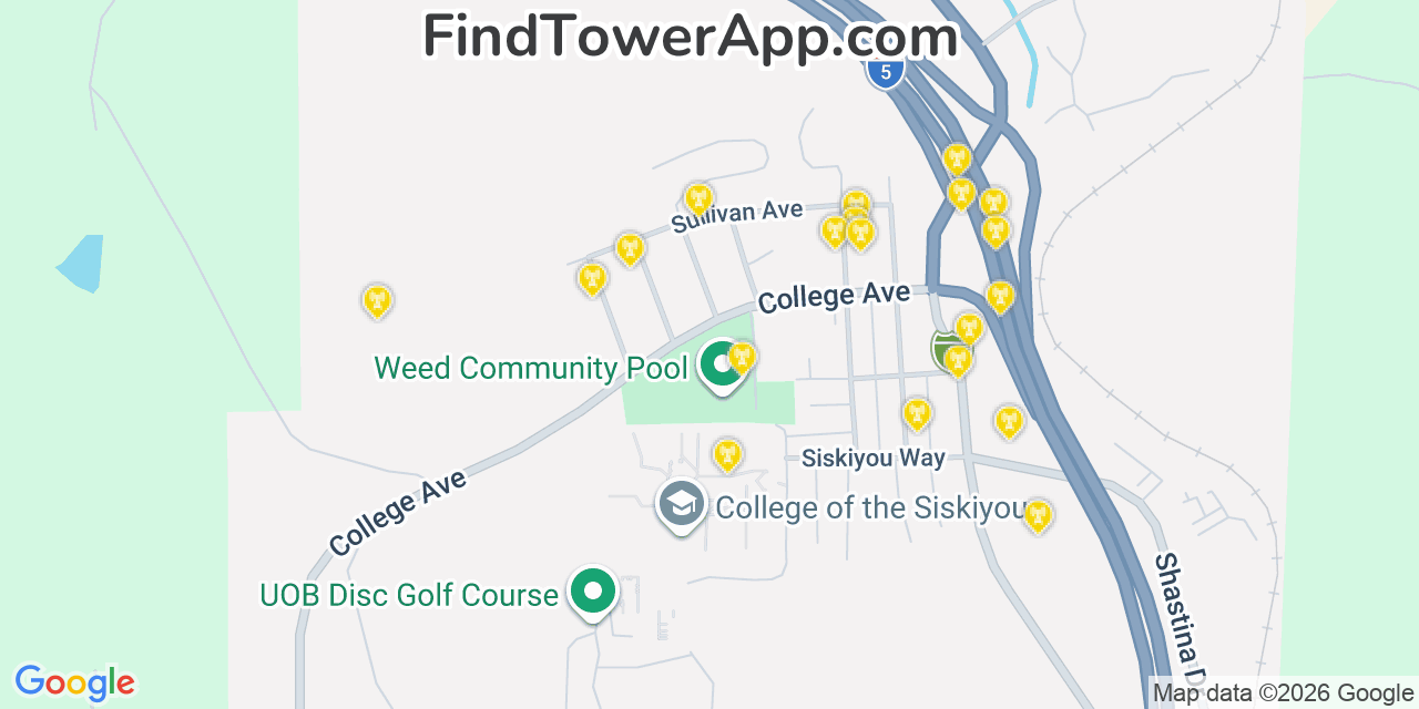 Map showing the 20 primary cell tower locations detected in Weed, California from AT&T, Verizon, and T-Mobile networks
