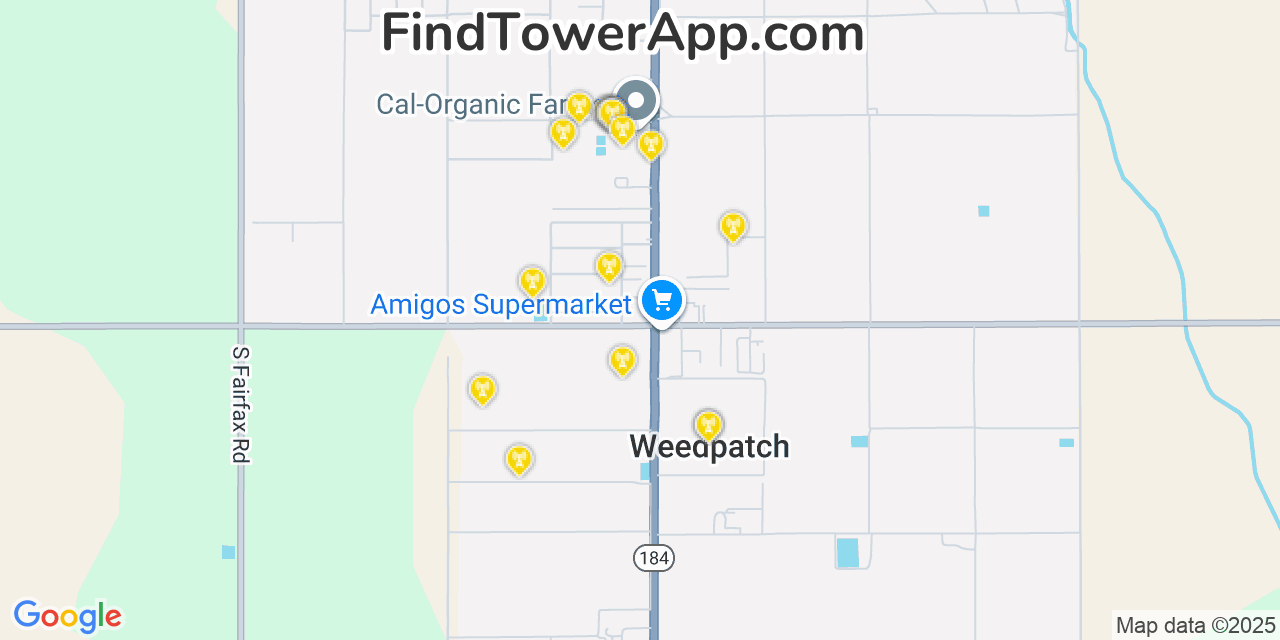 Map showing the 20 primary cell tower locations detected in Weedpatch, California from AT&T, Verizon, and T-Mobile networks