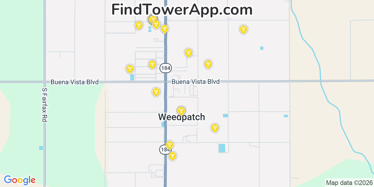 Map showing the 20 primary cell tower locations detected in Weedpatch, California from AT&T, Verizon, and T-Mobile networks