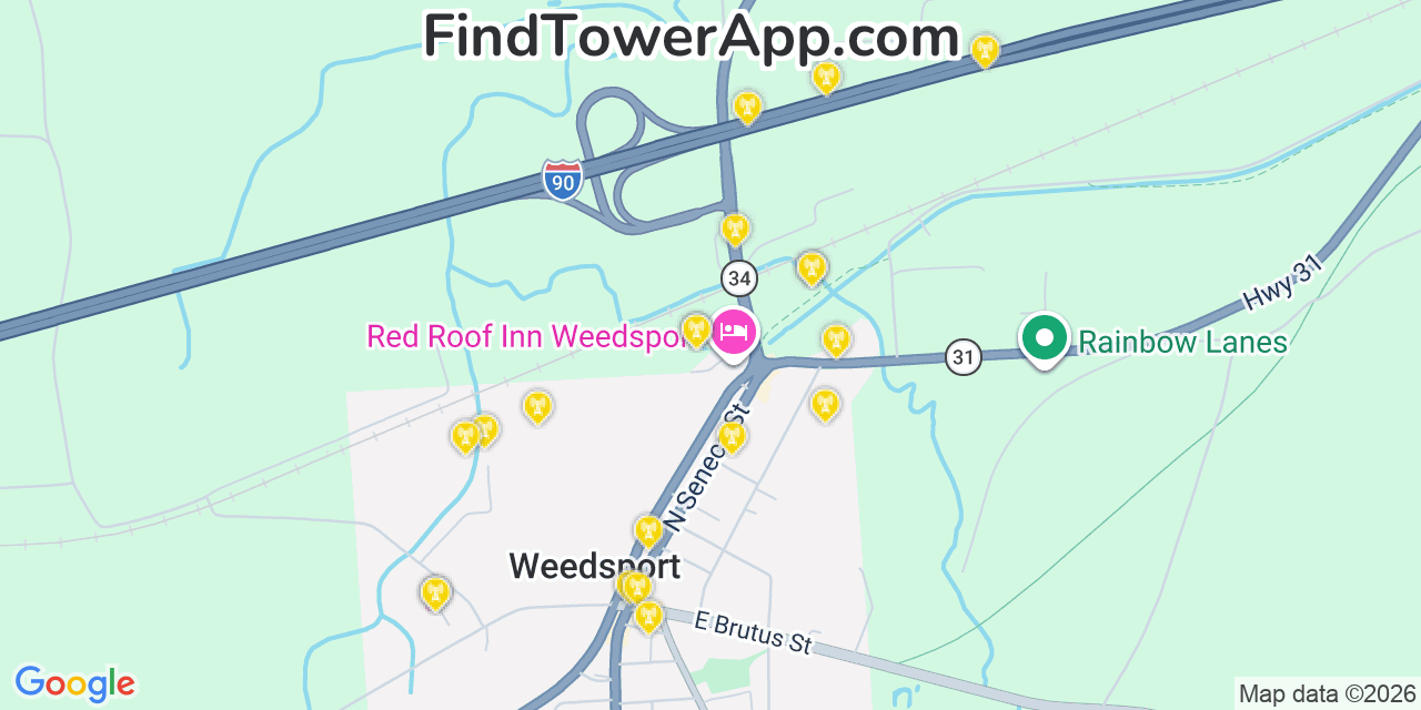 Map showing the 20 primary cell tower locations detected in Weedsport, New York from AT&T, Verizon, and T-Mobile networks