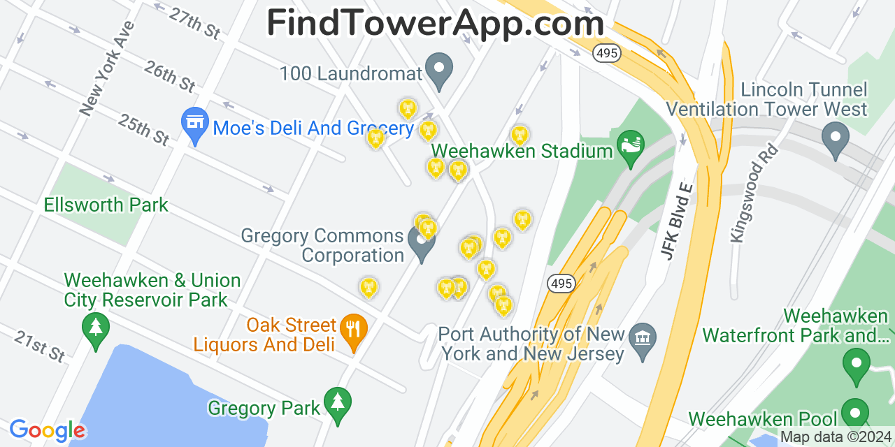 AT&T 4G/5G cell tower coverage map Weehawken, New Jersey