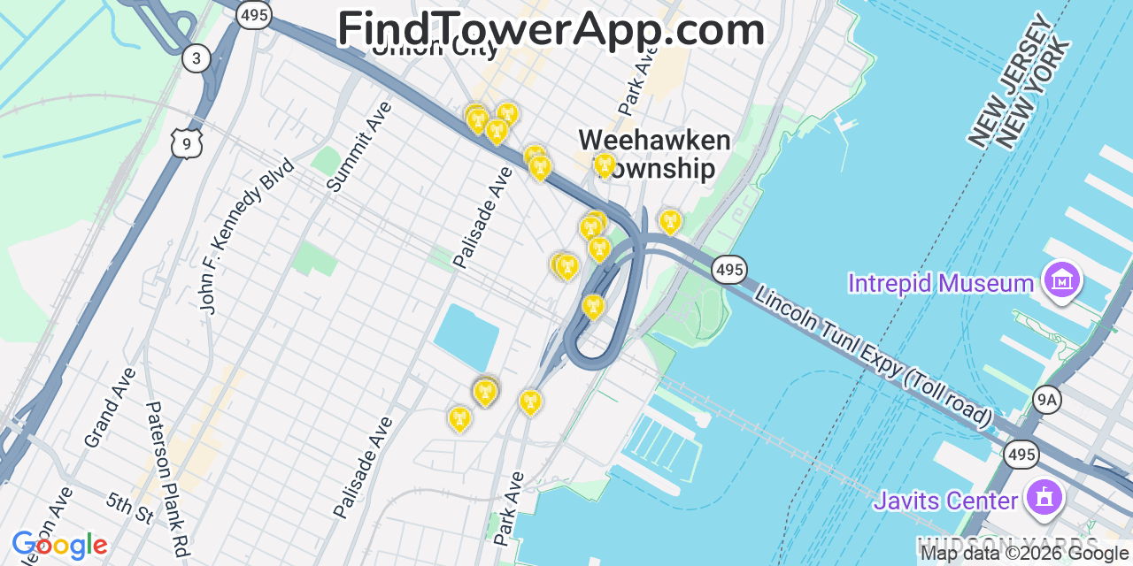 Map showing the 20 primary cell tower locations detected in Weehawken, New Jersey from AT&T, Verizon, and T-Mobile networks