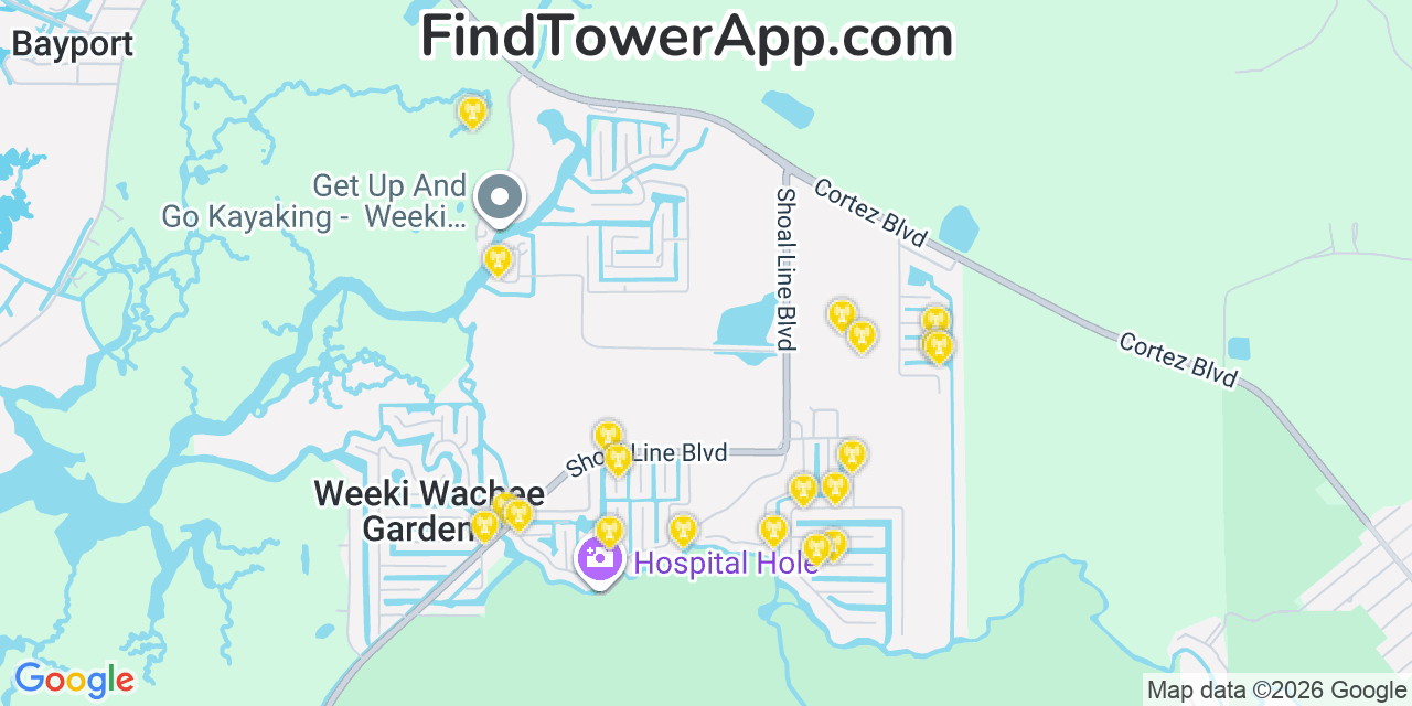 Map showing the 20 primary cell tower locations detected in Weeki Wachee Gardens, Florida from AT&T, Verizon, and T-Mobile networks
