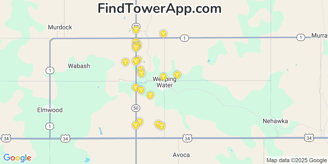Map showing the 20 primary cell tower locations detected in Weeping Water, Nebraska from AT&T, Verizon, and T-Mobile networks