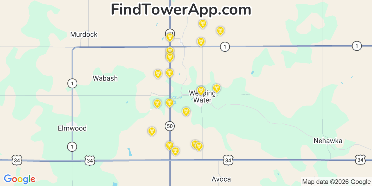 Map showing the 20 primary cell tower locations detected in Weeping Water, Nebraska from AT&T, Verizon, and T-Mobile networks
