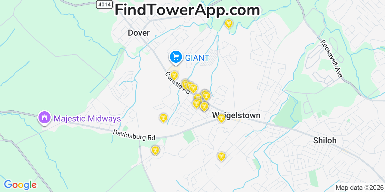 Map showing the 20 primary cell tower locations detected in Weigelstown, Pennsylvania from AT&T, Verizon, and T-Mobile networks