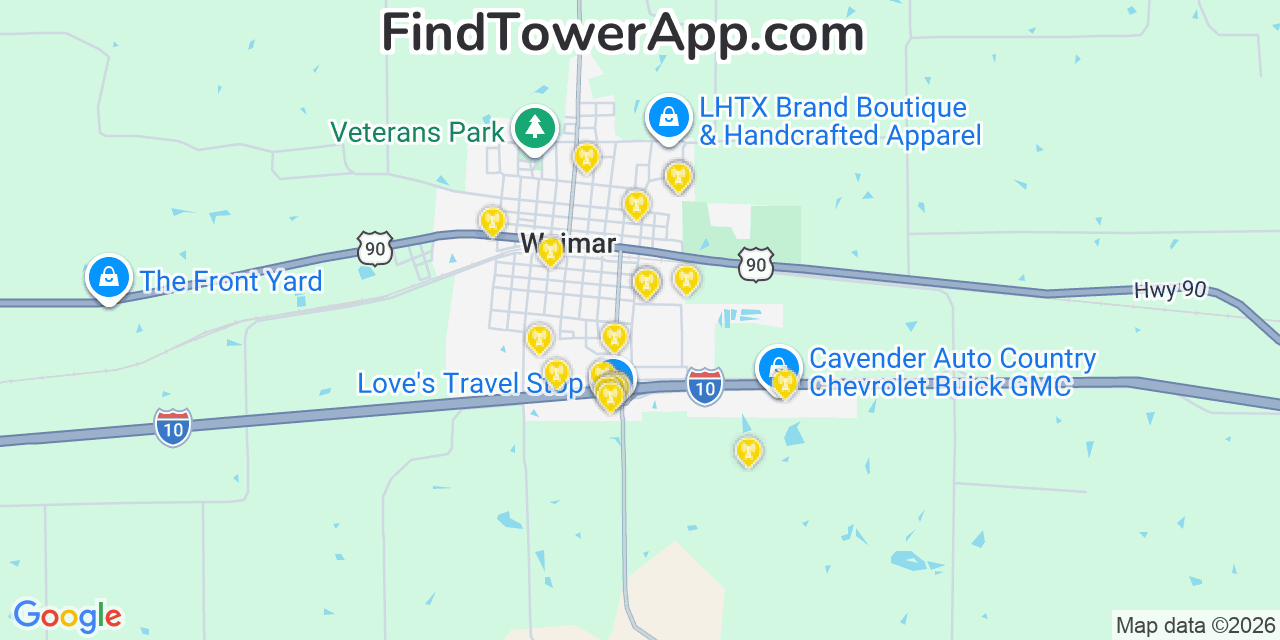 Map showing the 20 primary cell tower locations detected in Weimar, Texas from AT&T, Verizon, and T-Mobile networks