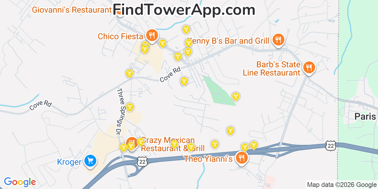 Map showing the 20 primary cell tower locations detected in Weirton Heights, West Virginia from AT&T, Verizon, and T-Mobile networks