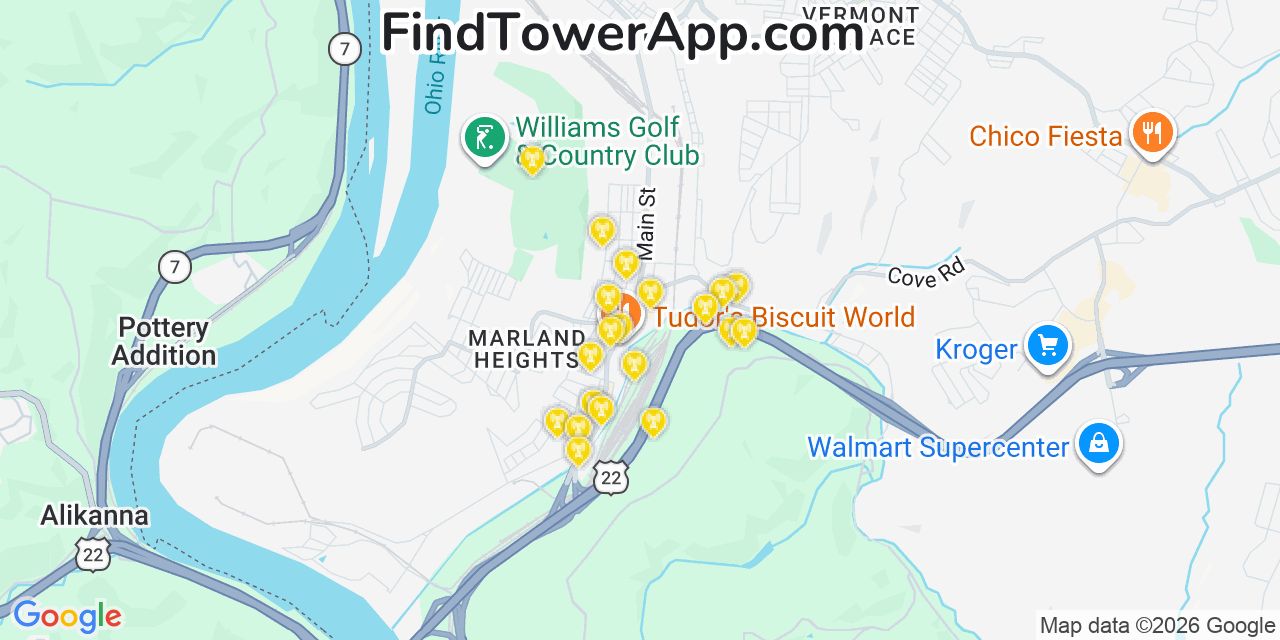 Map showing the 20 primary cell tower locations detected in Weirton, West Virginia from AT&T, Verizon, and T-Mobile networks