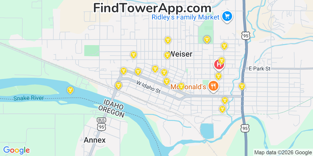 Map showing the 20 primary cell tower locations detected in Weiser, Idaho from AT&T, Verizon, and T-Mobile networks