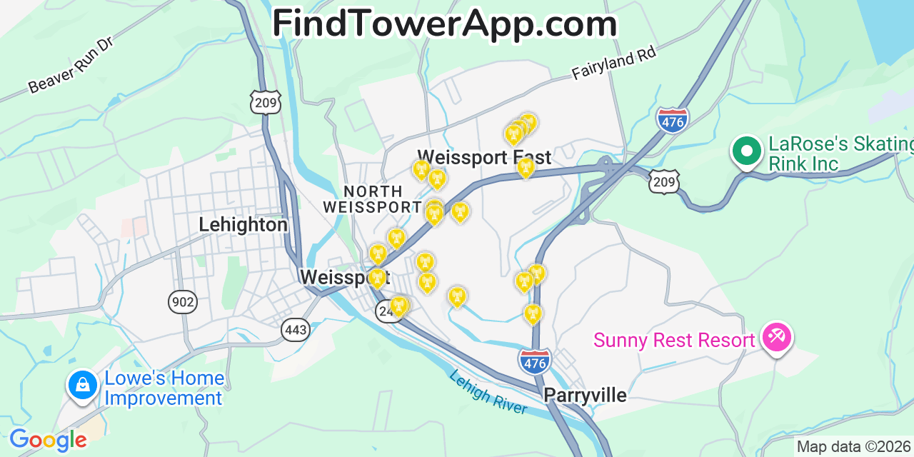 Map showing the 20 primary cell tower locations detected in Weissport East, Pennsylvania from AT&T, Verizon, and T-Mobile networks