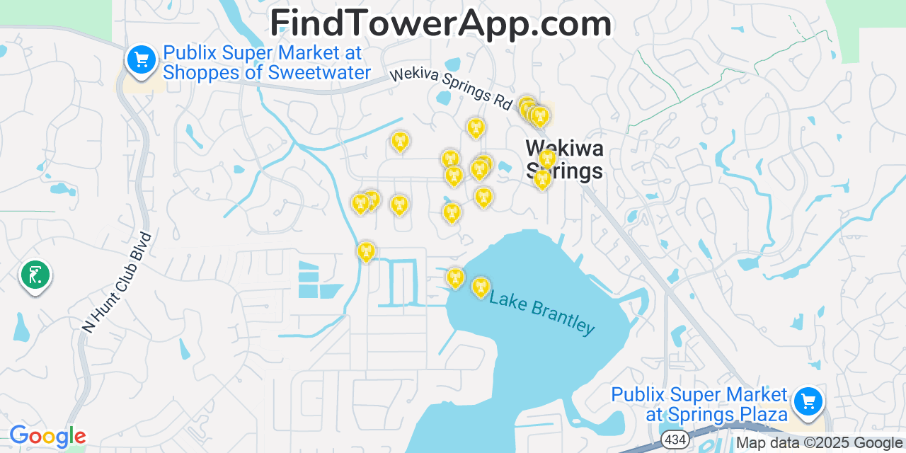 Map showing the 20 primary cell tower locations detected in Wekiwa Springs, Florida from AT&T, Verizon, and T-Mobile networks
