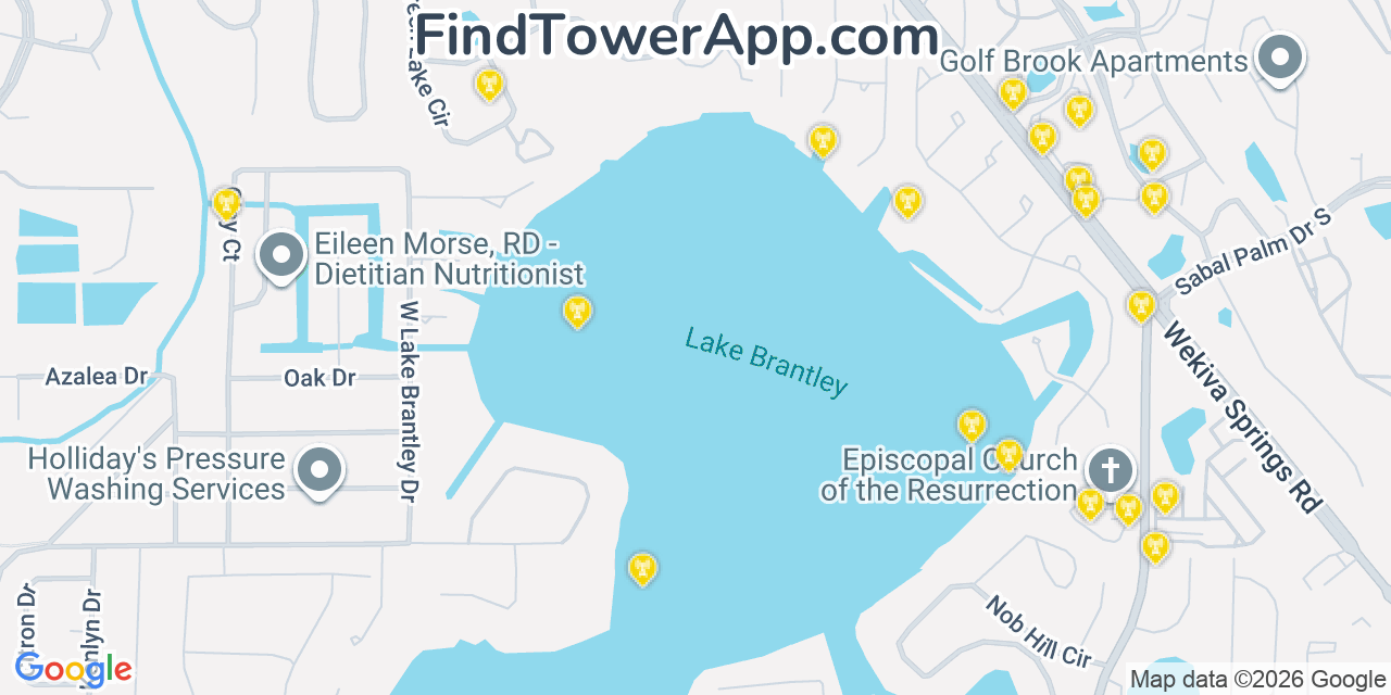 Map showing the 20 primary cell tower locations detected in Wekiwa Springs, Florida from AT&T, Verizon, and T-Mobile networks