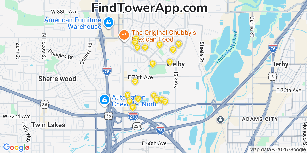 Map showing the 20 primary cell tower locations detected in Welby, Colorado from AT&T, Verizon, and T-Mobile networks