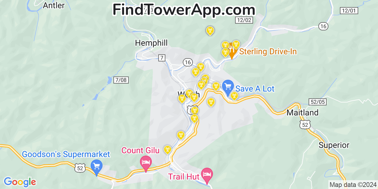 AT&T 4G/5G cell tower coverage map Welch, West Virginia