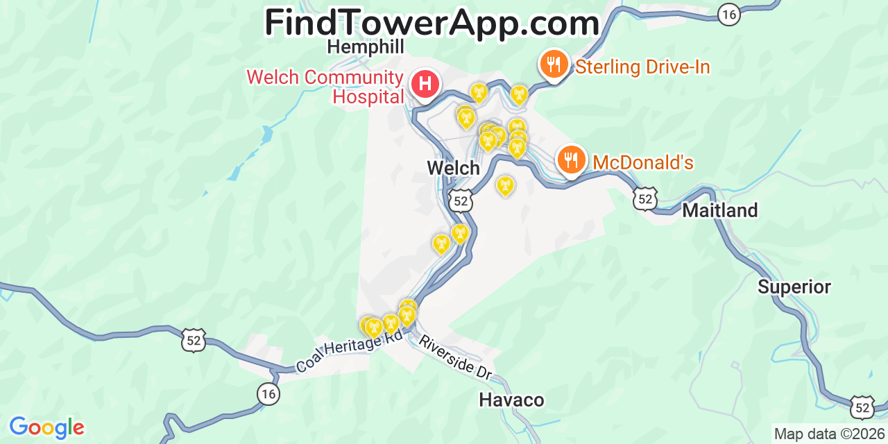 Map showing the 20 primary cell tower locations detected in Welch, West Virginia from AT&T, Verizon, and T-Mobile networks