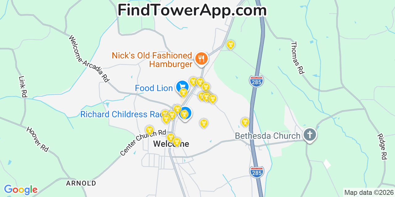 Map showing the 20 primary cell tower locations detected in Welcome, North Carolina from AT&T, Verizon, and T-Mobile networks